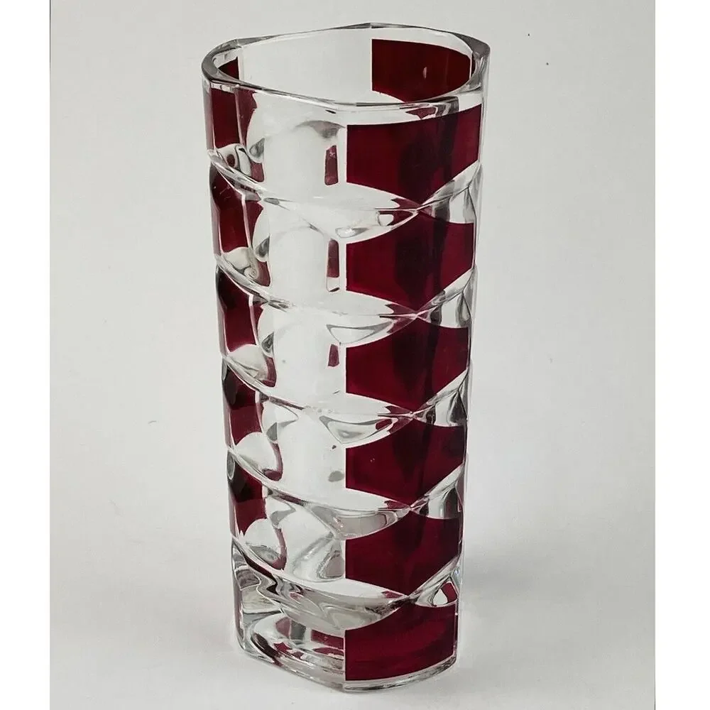 Vtg MCM Triangle Art Glass Vase Windsor Rubis Cranberry Faceted JG Durand France